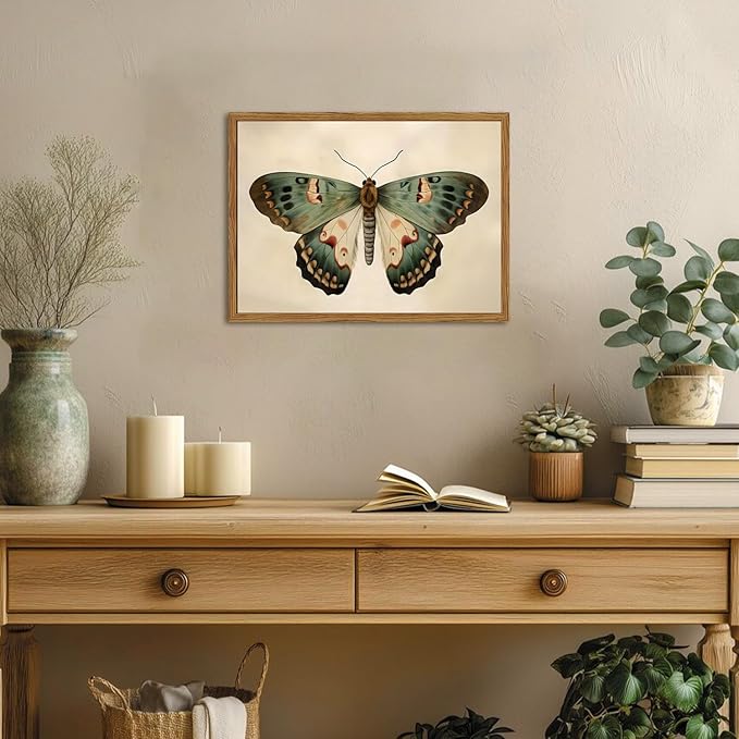 Framed Vintage Butterfly Canvas Wall Art, Moody Insect Wall Decor Paintings, Cottagecore Moth Artwork Pictures Prints Antique Home Decor for Living Room Bedroom Bathroom 16x24 inch