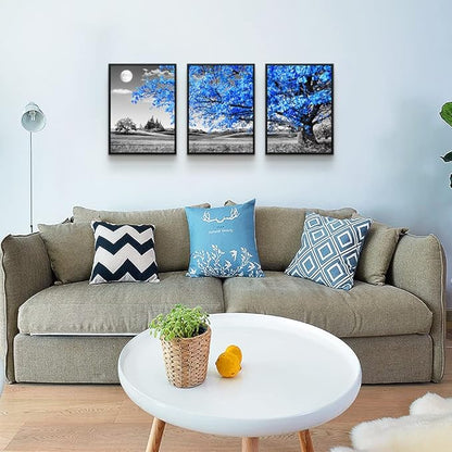 Black Framed Wall Art for Living Room & Bedroom - Blue Tree Wall Paintings, Modern Home Decor - 12"X16" Set of 3 Piece Framed Art Prints