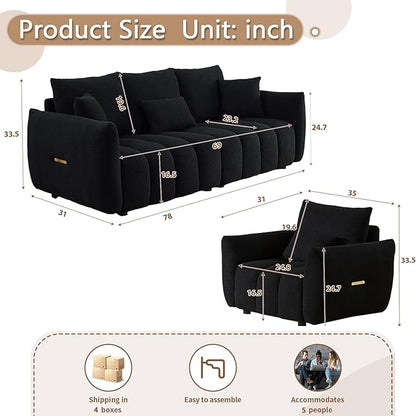 Antetek Set of 3 Teddy Sofa for Living Room, Modern 2 Units Deep Seat Sofa Chairs and an Oversized 3-Seater Cloud Boucle Couch for Bedroom, Office, Apartment, Furniture Set, Black (3 Pieces)