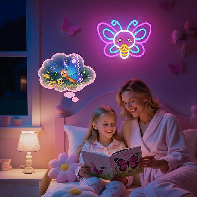 OkiyiD Butterfly Neon Sign – Cute Aesthetic Wall Decor for Girls Room Bedroom Vanity, USB Powered LED Light with Hanging Kit, Dimmable Night Light, Unique Gift for Her