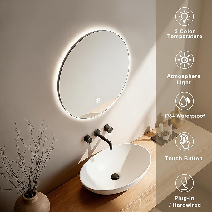 20 Inch Round LED Bathroom Mirror with Lights, Lighted Vanity Bathroom Mirror with Backlit, Stepless Dimmable & 3 Colors (3000K/4000K/6000K), IP54 Waterproof