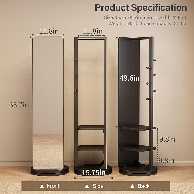 WoodsWhisper Full Length Mirror Coat Rack Solid Wood Floor Mirror 66"x12" Full Length Mirror with Stand Long Mirrors for Bedroom,Living Room (Black, 66" Lx12 W)