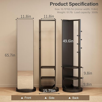 WoodsWhisper Full Length Mirror Coat Rack Solid Wood Floor Mirror 66"x12" Full Length Mirror with Stand Long Mirrors for Bedroom,Living Room (Black, 66" Lx12 W)