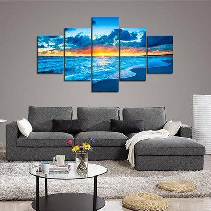 Beautiful Landscape Sunset Wave Beach Ocean Modern Seascape Pictures Painting on Canvas 5 Panels Combination Extra Large for Wall Art Living Room Home Decor Framed Stretched (60''W x 40''H)