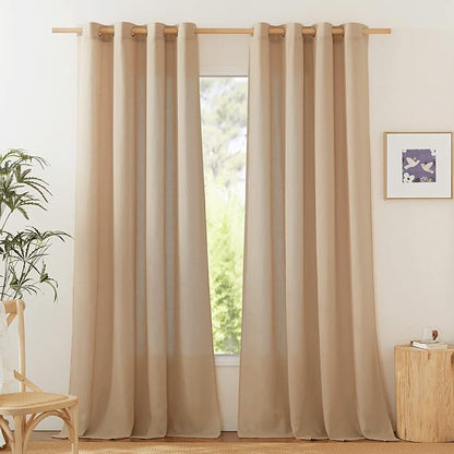 NICETOWN Living Room Curtains Camel Thick Linen Flax Texture, Grommet Semi Sheer Privacy Assured with Light Filtering Linen Weave Drapes for Bedroom/Farmhouse, W55 x L90, 2 Panels