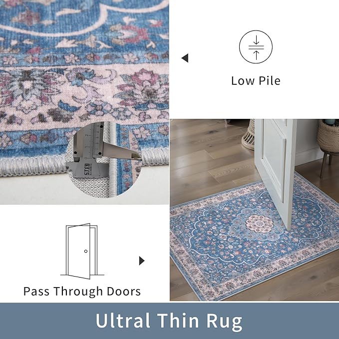 Tangsoo 2x5 Washable Runner Rug for Hallway,Non Slip Vintage Rug Runner for Entryway,Blue Beige Floral Soft Low Pile Floor Carpet Runner for Kitchen Bedroom Laundry Bathroom