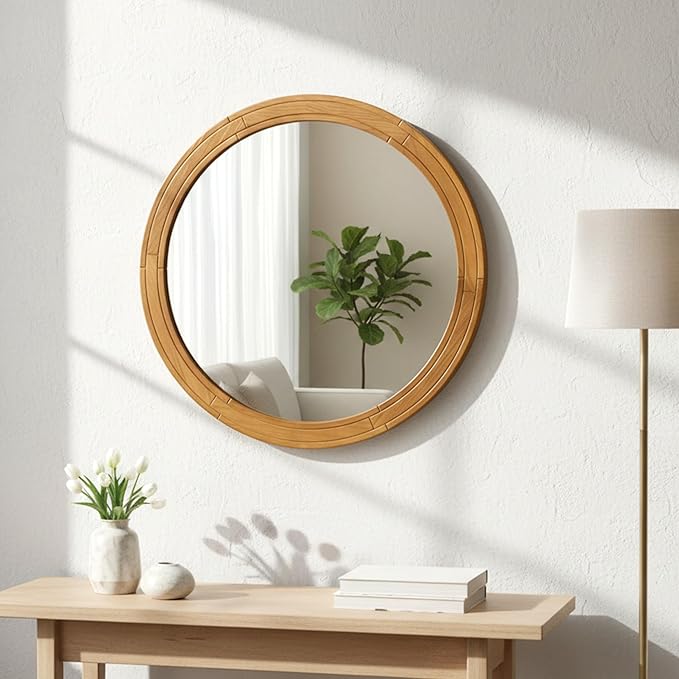 ZIYOO 30 Inch Round Wood Wall Mirror, Farmhouse Rustic Circle Mirror, Wall Mounted Decorative Mirror for Bathroom Vanity, Living Room, Entryway, Bedroom, Vanity, Hallway