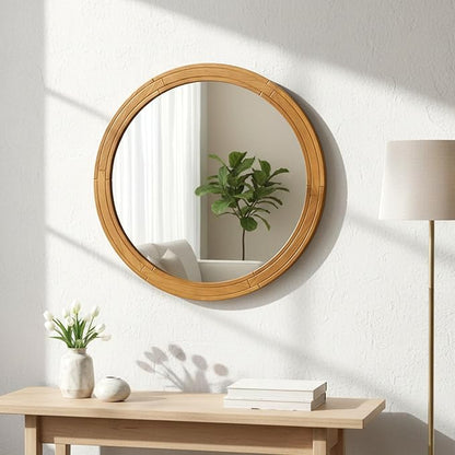 ZIYOO 30 Inch Round Wood Wall Mirror, Farmhouse Rustic Circle Mirror, Wall Mounted Decorative Mirror for Bathroom Vanity, Living Room, Entryway, Bedroom, Vanity, Hallway