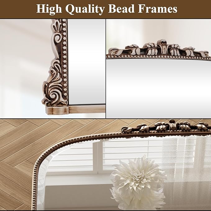 24"×32" Silver Wide Arched Wall Mirror, Vintage Carving Bathroom Vanity Makeup Mirror, as Wall Decor Hanging Leaning for Fireplace Mantle, Living Room, Bedroom, Vanity Area