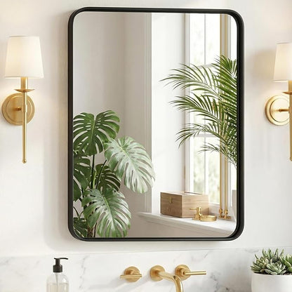 Sweetcrispy Bathroom Wall Mirror, 32x24 Inch Wall Mount Mirror for Over Sink, Modern Rounded Rectangle Vanity Mirror with Matte Metal Framed, for Home Decor, Living Room, Bedroom, Black