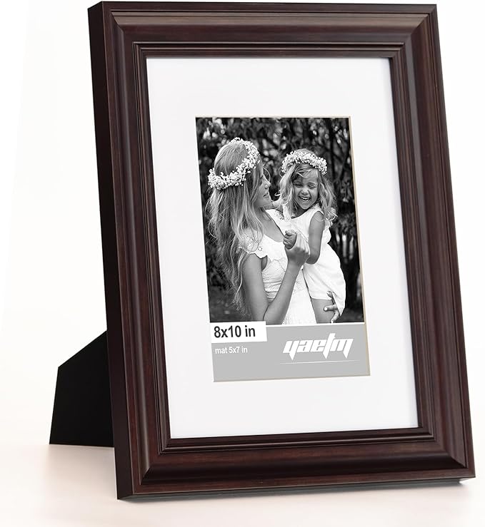 Yaetm 8x10 Picture Frame Matted to 5x7 Set of 4, 1.4” Wide Molding & Dark Brown Photo Frames 8 x 10 with HD Tempered Glass, Display on Tabletop & Wall Mounting (4 pack, Brown)