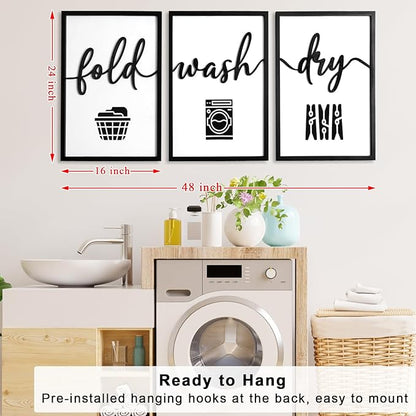 3D Wood Laundry Room Wall Decor, 48" x 24" Framed Laundry Room Wall Art, 3D Signs for Room Decor (Ready to Hang, Set of 3, Framed)