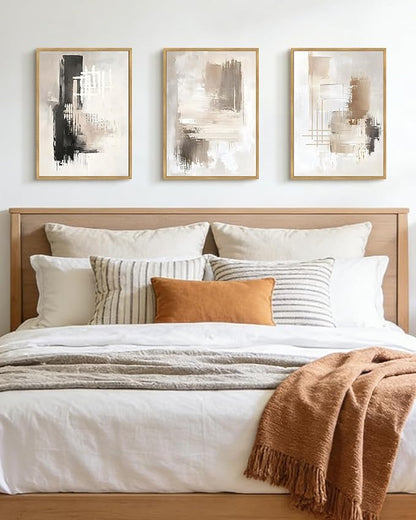 PHOPAGO Modern Abstract Framed Wall Art Mid Century Minimalist Beige Pastel Neutral Wall Decor for Kitchen Hallway - 12x16in Natural Framed