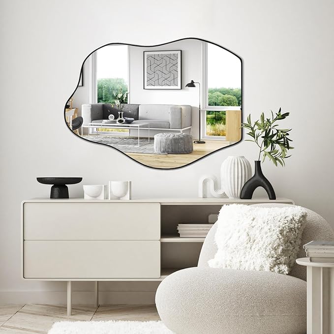 POZINO Irregular Mirror, 32"x24"Asymmetrical Mirror, Morden Odd Shape Mirrors, Abstract Frameless Wall Mirrors for Bathroom Living Room Bedroom Entryway Home Decor