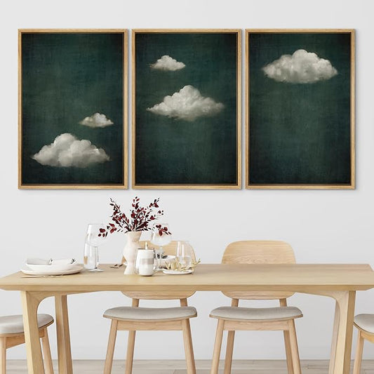 SIGNLEADER Framed Canvas Print Wall Art Set Vintage Cloudscape Dreamy Green Sky and Clouds Illustrations Boho Decorative for Living Room, Bedroom, Office - 24"x36"x3 Natural