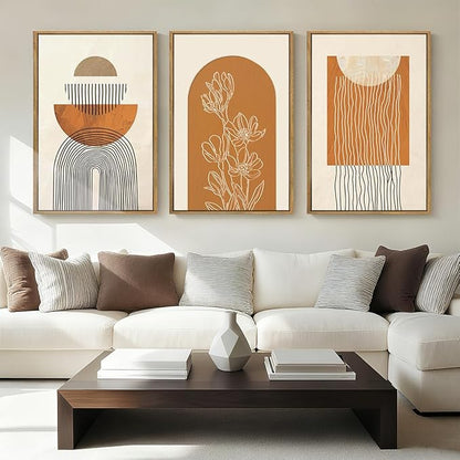 ANHUIB Large Boho Canvas Wall Art,Abstract Geometric Framed Wall Decor,Mid Century Modern Artwork,3 Piece 24x36In Beige Orange Painting for Living Room Bedroom,Office