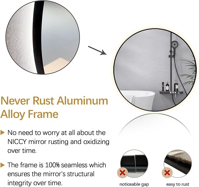 Niccy 40" LED Backlit Round Mirror for Bathroom, Black Framed Vanity Light Wall Mirror, LED Smart Circle Mirrors with 3 Lighting Colors, Round Lighted Mirror with Anti-Fog, IP65 Waterproof