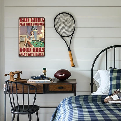 Vintage Billiards Metal Sign Bad Girls Play With Pompoms Wall Art Decoration For Home Bar Club Coffee Shop Bedroom 8x12 Inch