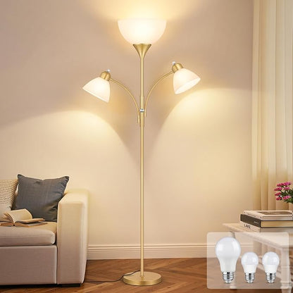 Coucrek Floor Lamp for Living Room,72" Dimmable Torchiere Lamp with 2 Reading Lights for Bedroom, Gold Tall Standing Room Lamp, 3 Bulbs Included