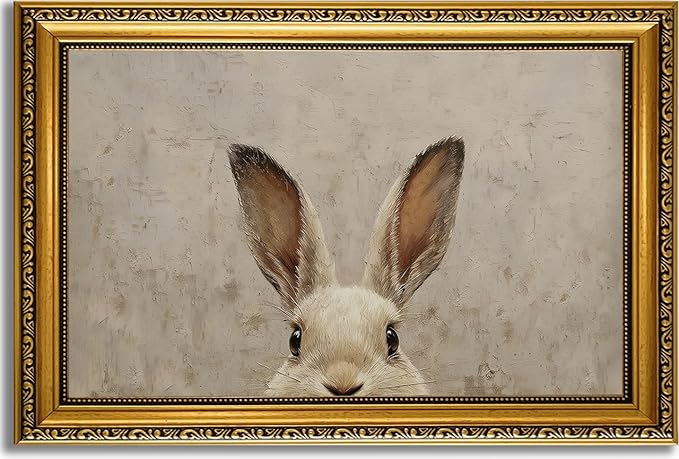 YD&YZY Gold Framed Vintage Wall Art Canvas Easter Bunny Wall Decor Rustic Easter Rabbit Décor Prints Cute Animal Painting Picture Print Artwork for Bedroom Kids Room Bathroom 16x24 inch Framed