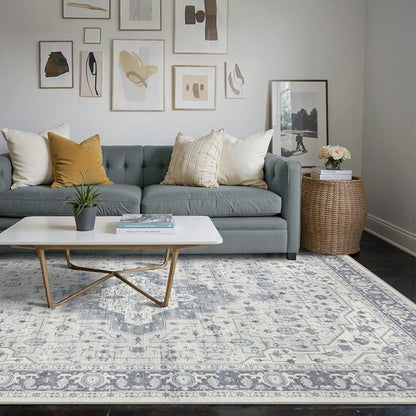Rugxara 5X7 Washable Area Rug for Living Room, Vintage Large Boho Rugs for Office, Dining Room, Kids Room, Farmhouse, Durable Low Pile Non Slip Carpet for High Traffic Areas, Blue Quartz
