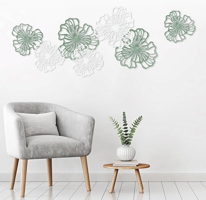 7 Piece Metal Wall Decor for Living Room, Boho Double Layered Iron Flower Wall Hanging Art, Aesthetic Indoor Metal Wall Sculpture Decor for Bedroom Kitchen Bathroom Farmhouse Home Office, Green-White