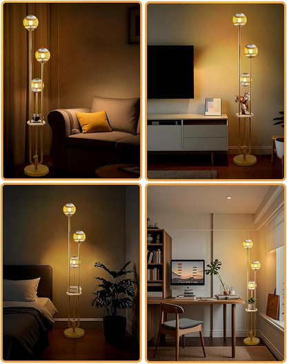 Globe Glass Floor Lamp with Table, Gold Tall Standing Lamps Dimmable, 3000K Warmwhite Mid Century Modern Floor Lamp with 5Lbs Heavy Base for Living Room/Bedroom