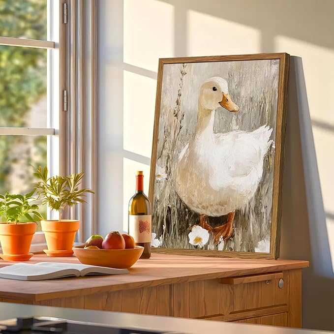 Framed Vintage Duck Canvas Wall Art, Cute Farmhouse Animal Pictures Wall Decor, Rustic Country Nature Paintings Prints Cottagecore Home Decor for Living Room Bedroom Bathroom 12x16 inch