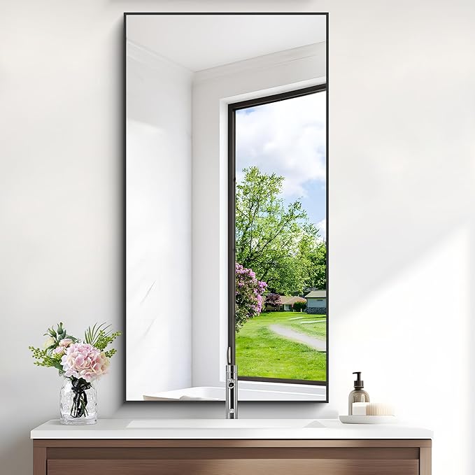 COFENY 48x24In Black Bathroom Mirror for Wall, Rectangle Mirrors with Metal Frame, Bathroom Rectangular Mirror Modern Wall Mirror for Bedroom Living Room, Entryway Hangs Horizontal or Vertical