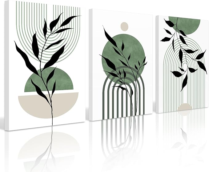 Mid Century Modern Wall Art Set of 3 Sage Green Canvas Wall Art Boho Prints Green Wall Decor Black Beige Abstract Wall Art Picture Mid Century Painting for Home Bedroom 16x24 Inch Wrapped Canvas