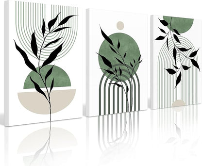Mid Century Modern Wall Art Set of 3 Sage Green Canvas Wall Art Boho Prints Green Wall Decor Black Beige Abstract Wall Art Picture Mid Century Painting for Home Bedroom 12x16 Inch Wrapped Canvas