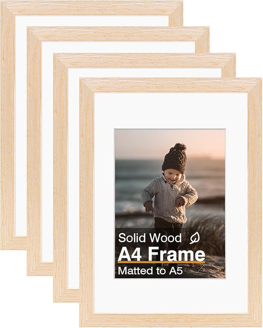 KINLINK A4 Picture Frame, White Oak Solid Wood Frames with Acrylic Plexiglass for Pictures A5 with Mat or A4 without Mat, Tabletop and Wall Display Photo Frame 4 Pack