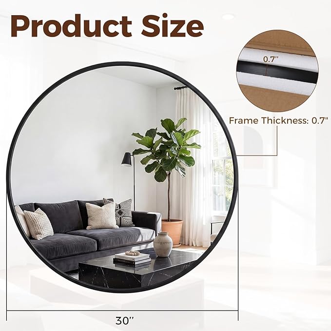 NEWBULIG 30 Inch Round Wall Mirror, Bathroom Mirror for Over Sink, Matte Metal Framed Circle Vanity Mirror, Wall Decor for Bedroom, Anti-Rust, Tempered Glass, Hanging or Leaning, Classic Black