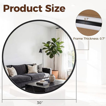 NEWBULIG 30 Inch Round Wall Mirror, Bathroom Mirror for Over Sink, Matte Metal Framed Circle Vanity Mirror, Wall Decor for Bedroom, Anti-Rust, Tempered Glass, Hanging or Leaning, Classic Black