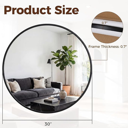 NEWBULIG 30 Inch Round Wall Mirror, Bathroom Mirror for Over Sink, Matte Metal Framed Circle Vanity Mirror, Wall Decor for Bedroom, Anti-Rust, Tempered Glass, Hanging or Leaning, Classic Black