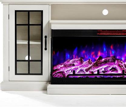 AMERLIFE 75in 3-Sided Glass Fireplace TV Stand for TVs up to 85", Rustic Fireplace Media Entertainment Center Console Table Cabniet with Glass Door Closed Storage, Distressed White