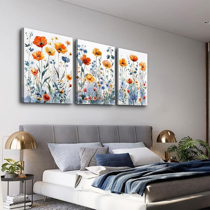 TTHYUEWS Boho Wall Art for Living Room & Bedroom - Modern Wall Decorations - 3 Piece Set - Flowers Watercolour Paintings & Posters - Home Decor