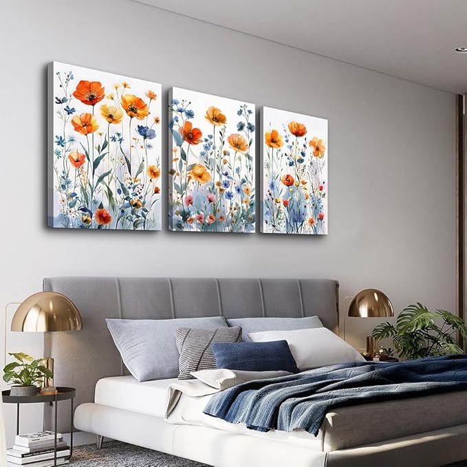 TTHYUEWS Large Canvas Wall Decor for Living Room Boho Wall Art for Bedroom Kitchen Family Room Wall Pictures Artwork Flowers Watercolour Paintings Modern Home Decor 3 Pieces