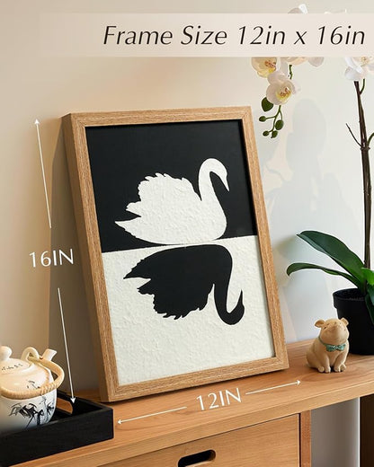 VIYYIEA Framed 3D Textured Wall Art, Handmade Paper Artwork,12x16inch, Modern Minimalist Black White Decor for Living Room Bedroom Shelf, Swan Reflection Abstract Picture