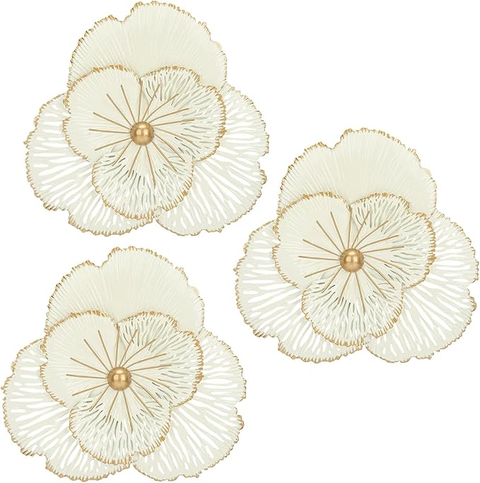 DILATATA 3 Pcs Metal Flower Wall Art Set 10 Inch Rustic Modern Floral Sculpture 3D Metal Flower Wall Hanging Accent for Indoor Living Room Bedroom Kitchen Bathroom Garden Patio Decor - White