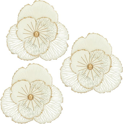 DILATATA 3 Pcs Metal Flower Wall Art Set 10 Inch Rustic Modern Floral Sculpture 3D Metal Flower Wall Hanging Accent for Indoor Living Room Bedroom Kitchen Bathroom Garden Patio Decor - White
