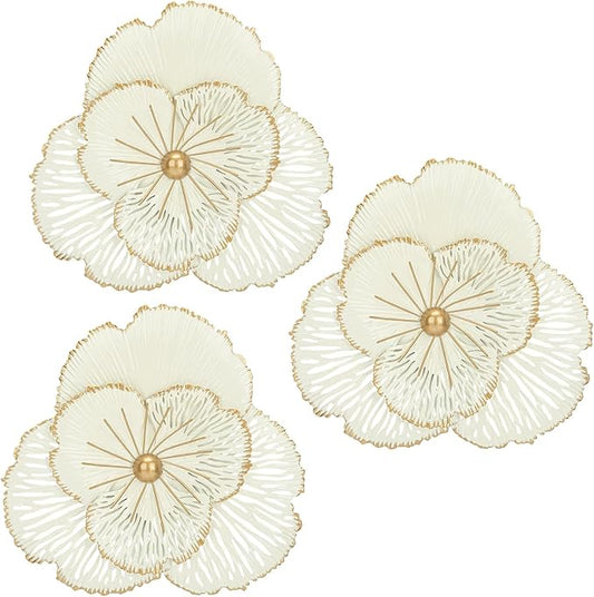 DILATATA 3 Pcs Metal Flower Wall Art Set 10 Inch Rustic Modern Floral Sculpture 3D Metal Flower Wall Hanging Accent for Indoor Living Room Bedroom Kitchen Bathroom Garden Patio Decor - White