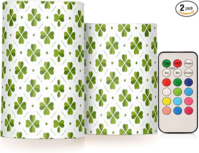 ALAZA St Patricks Day Clover Leaves Shamrocks Flickering Flameless Candles Battery Operated with Remote Timer,Tea Light Candles LED Pillar Votive Candles Set of 2 for Outdoor Indoor Decorations