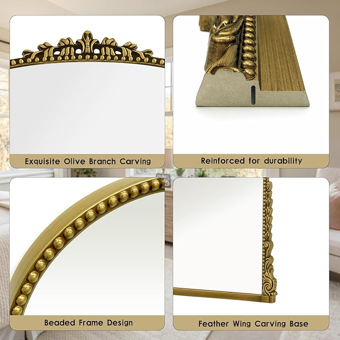 Antique Full Length Mirror 71" x 32", Antique Gold Arched Large Vintage Mirror in Baroque Style with Tempered Glass, Freestanding for Bedroom, Living Room, Cloakroom