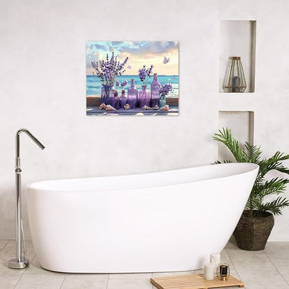 LB Ocean Purple Lavender Wall Art Purple Flower in Vase with Butterfly Canvas Wall Art Blue Sky and White Cloud Wall Decor for Living Room Bedroom Bathroom Office Framed Ready to Hang 12L x 16W