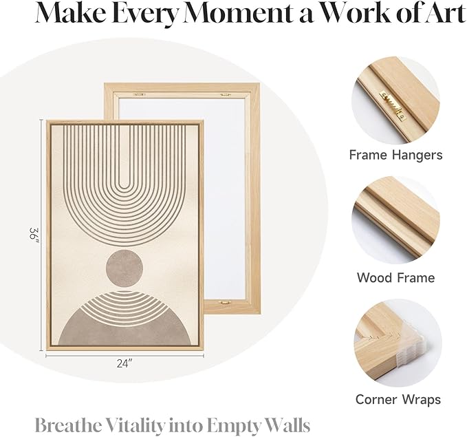 Large Framed Neutral Modern Wall Art for Living Room, 3 Piece Minimalist Boho Abstract Canvas Artwork for Walls, Mid Century Geometric Paintings Prints for Hallway Dining Room Wall Decor, 24x36 Inch