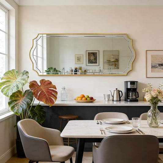 POZINO Large Scalloped Mirror, 63"x24" Rectangle Full Length Mirror with Gold Wood Frame, Modern Aesthetic Wavy Wall Mirrors for Living Room Bedroom Hallway Entryway, Horizontal or Vertical Hanging