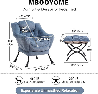 MBOOYOME Lazy Chair with Folding Ottoman, Modern Accent Armchair with Armrests and a Side Pocket & Foldable Footstool, Reading Chair for Living Room, Bedroom & Dorm, Plush Light Blue