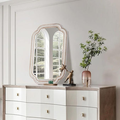 36x24 Inch Boho Wooden Scalloped Mirror for Entryway, Rustic Farmhouse Decorative Mirrors for Bathroom Over Sink, Living Room, Bedroom, Hallway (Vertical/Horizontal)