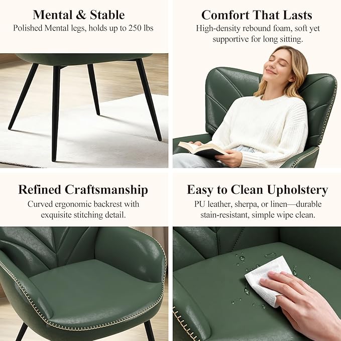 MALOL Modern Mid-Century Faux Leather Accent Chair, Upholstered Armchair with Curved Backrest, Sturdy Metal Base, Living Room, Bedroom & Reading Nook,Green